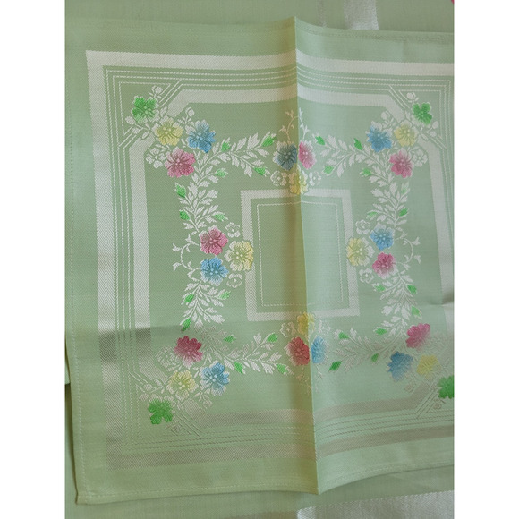 Vtg Table Cloth Napkins Set Green Floral Hand Painted Combed Yarns Damask - Picture 9 of 13
